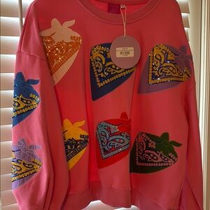 QUEEN OF SPARKLES Pink Sweater with Colorful Heart Accents